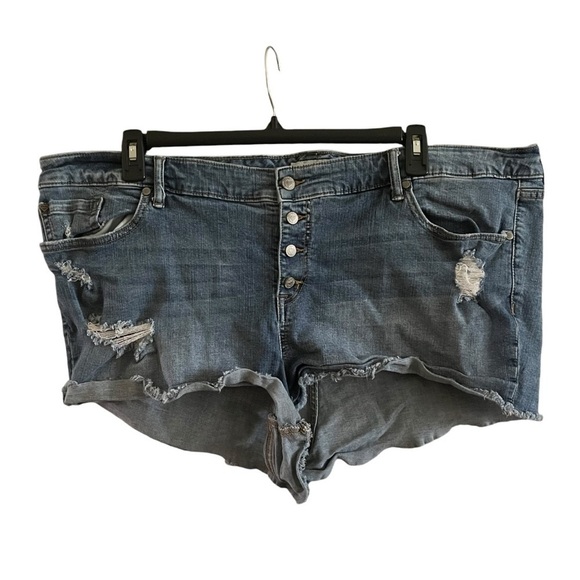 Torrid Shorts Womens Sz 26 Blue Denim Dark Wash Button Fly Distressed High Rise - Picture 1 of 6